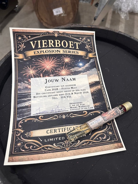 Vierboet whisky cask 1028, bij bestellen ontvang je dit certificaat.